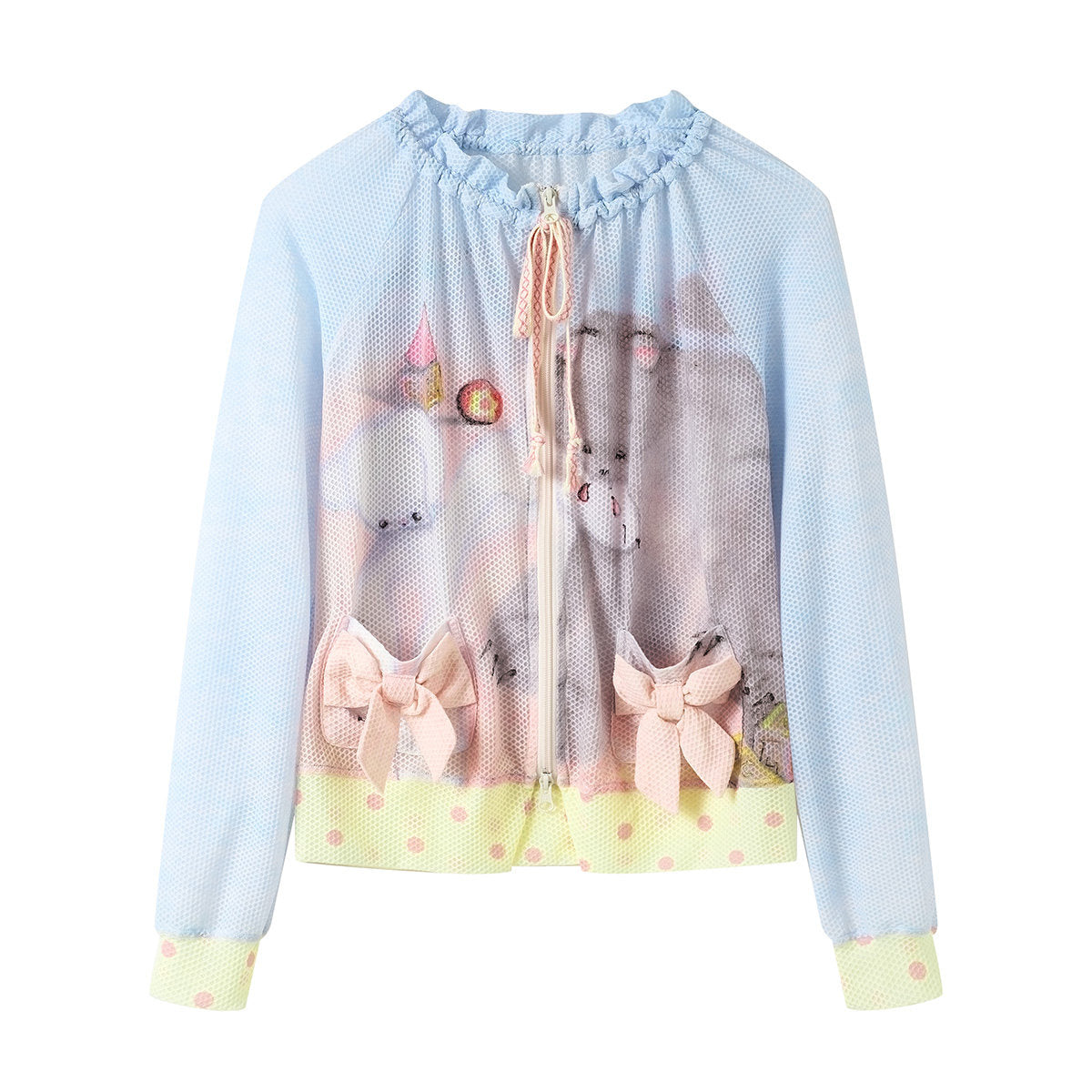 tntntutu - Mesh Print Zip Cardigan Jacket Land Decora S