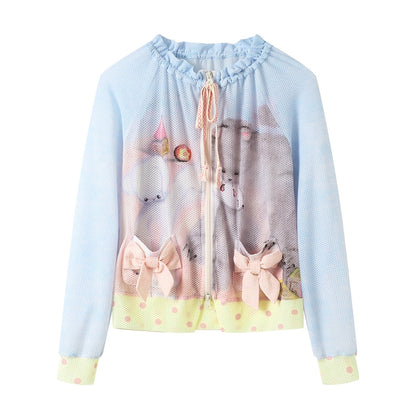 tntntutu - Mesh Print Zip Cardigan Jacket Land Decora S