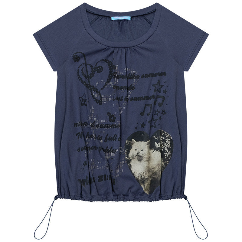 ziziFei - Blue Cat Print Drawstring Tee shirt ziziFei S