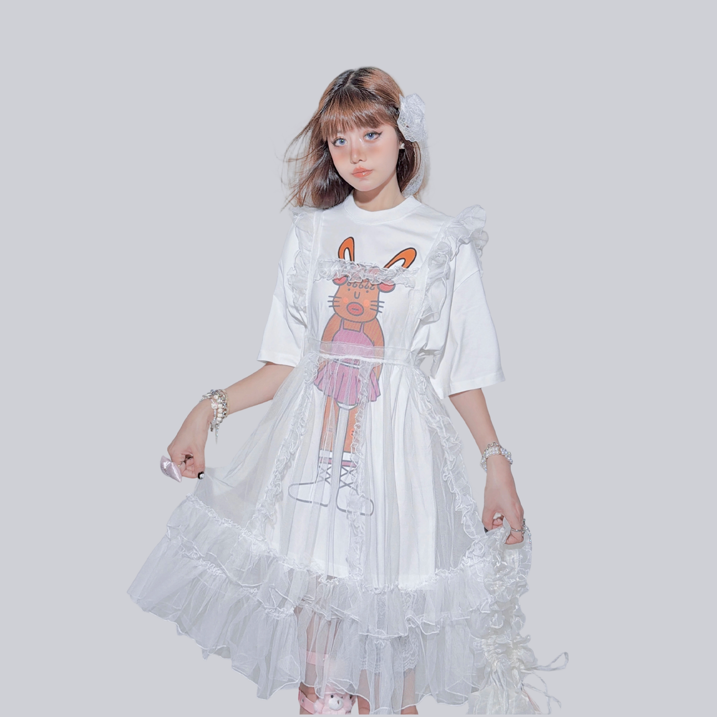 FANLOVEGIRL - Bunny Graphic Layered T-Shirt | Kawaii Harajuku Mesh Overlay Top set FANLOVEGIRL White Tee with Apron Dress S