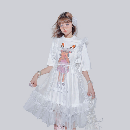 FANLOVEGIRL - Bunny Graphic Layered T-Shirt | Kawaii Harajuku Mesh Overlay Top set FANLOVEGIRL White Tee with Apron Dress S