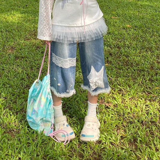 Moon Meadow - Star Patch Denim Capri Pants shorts Moon Meadow S