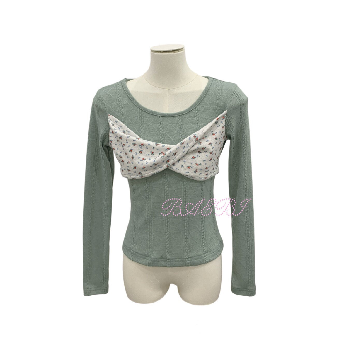 bae bi - Floral Patchwork Slim Fit Long Sleeve Top tshirt Bae Bi Green 1