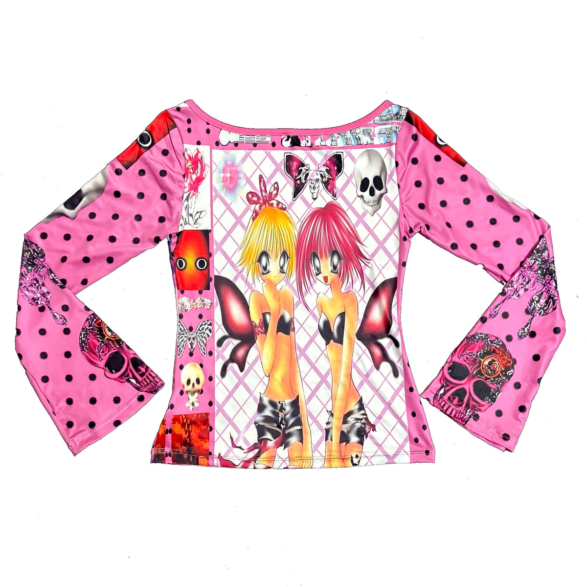 ki00bi00 - Reversible Skull Cartoon Long Sleeve Tee shirt ki00bi00 Pink