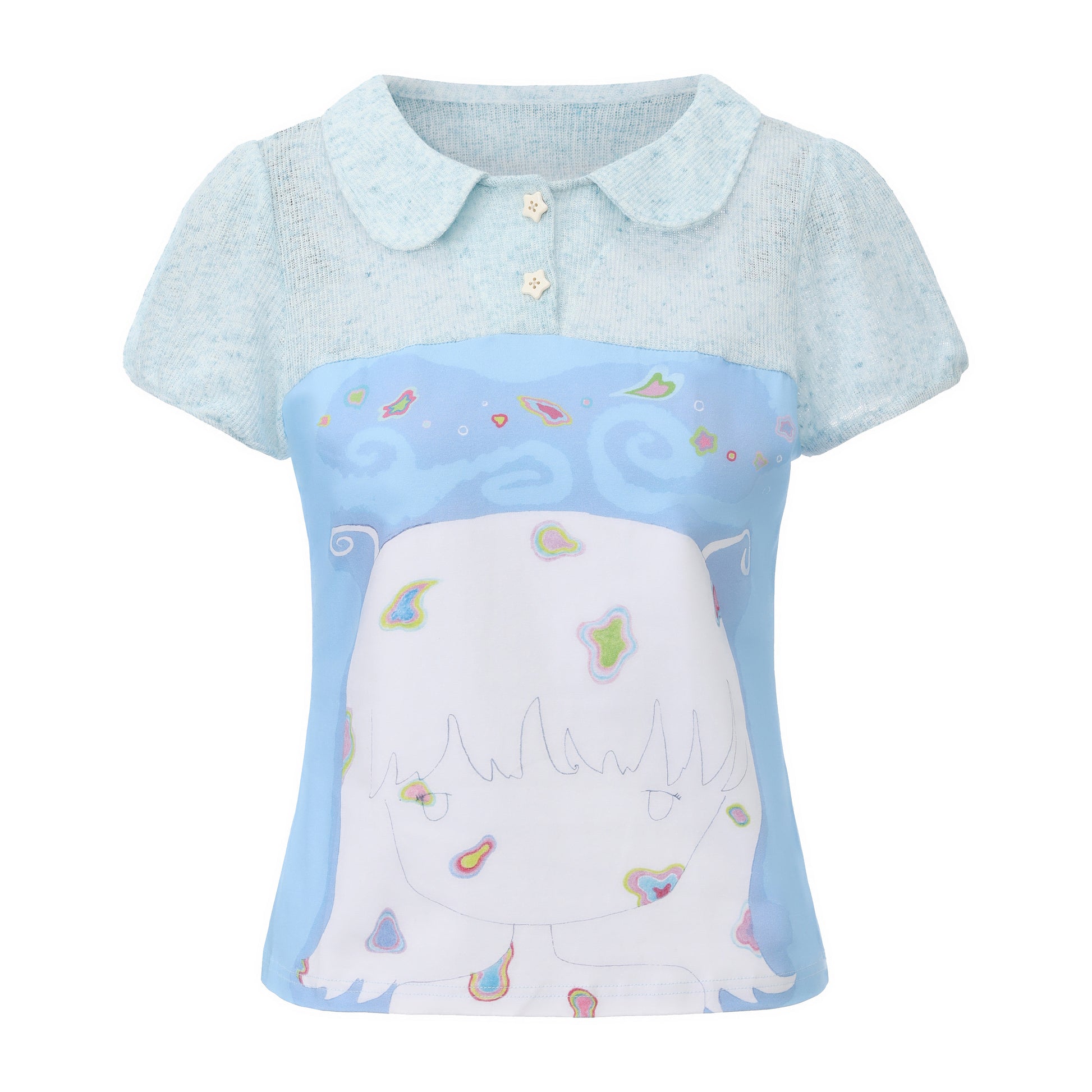 UnsocialNight - Cat Illustration Puff Sleeve Tee blouse UnsocialNight S