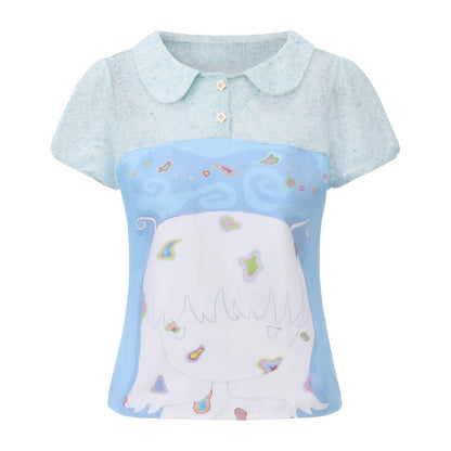 UnsocialNight - Cat Illustration Puff Sleeve Tee blouse UnsocialNight S