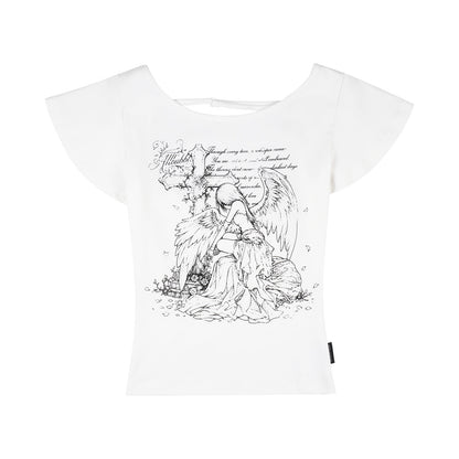 Allbubble - Angel Print Ruffle Sleeve Crop T-Shirt tshirt Allbubble S
