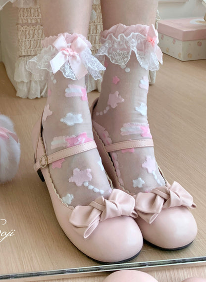 Roji Roji - Twin Star Lolita Sheer Lace Socks socks Roji Roji Pink with Light Pink Bow