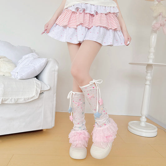 Dopamine Star Print Bow Leg Warmers leg warmmers left Pink Blue Star Leg Warmers