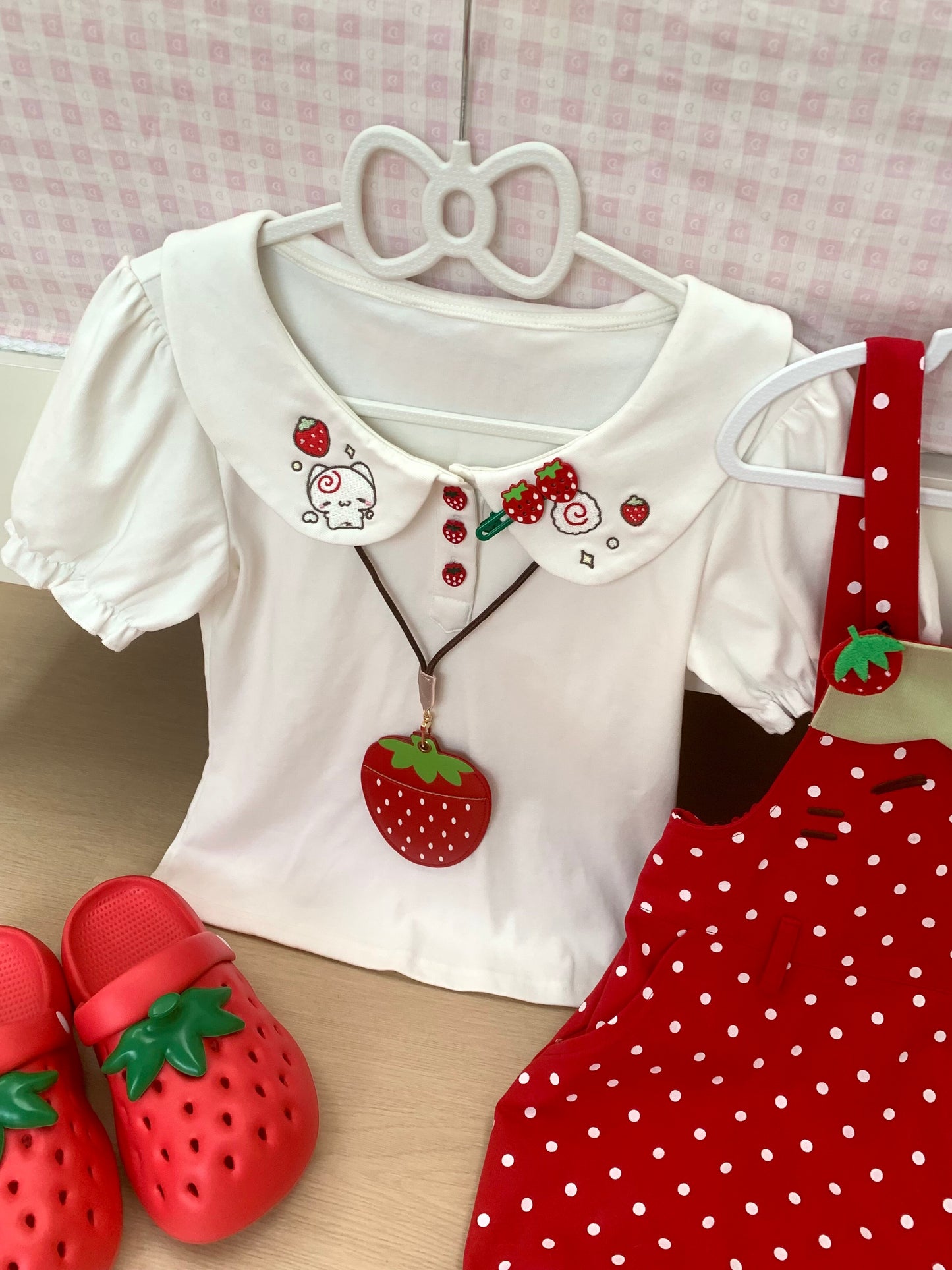 Blurred Bear - Strawberry Doll Collar Overalls Set set Blurred Bear Red Top S