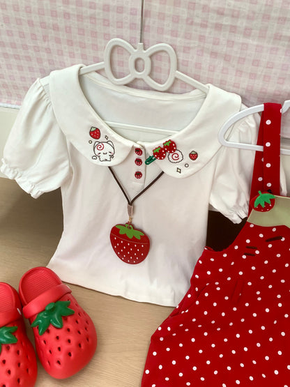 Blurred Bear - Strawberry Doll Collar Overalls Set set Blurred Bear Red Top S