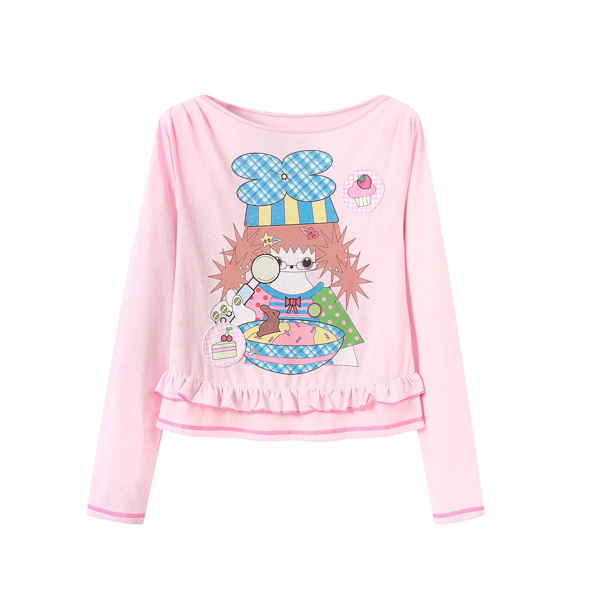 tntntutu - Pink Illustration Ruffle Long Sleeve Top shirt tntntutu S