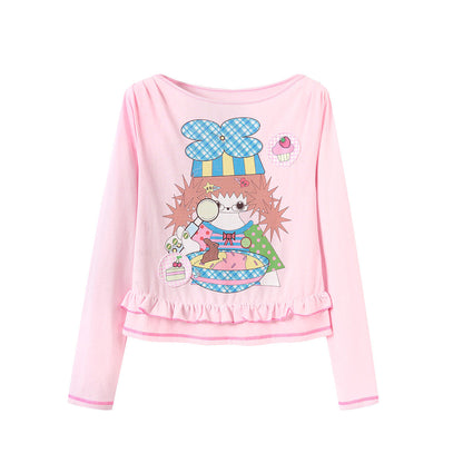tntntutu - Pink Illustration Ruffle Long Sleeve Top shirt tntntutu S