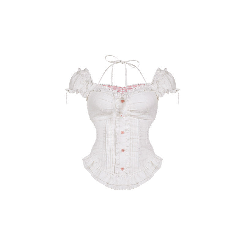 Serendipity - White Top Pink Plaid Cake Skirt Set set serendipity Top Only XS