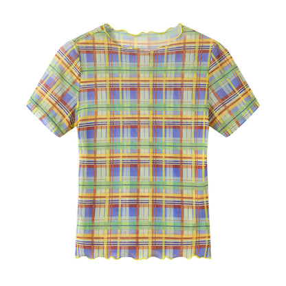 tntntutu - Pink Plaid Mesh Top | Fairy Kei Kawaii Harajuku Layering Shirt tshirt tntntutu Vintage Color S