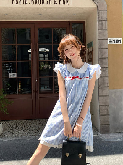 Sinsingirl - Kawaii Blue Plaid Flutter Sleeve Midi Dress dress sinsingirl