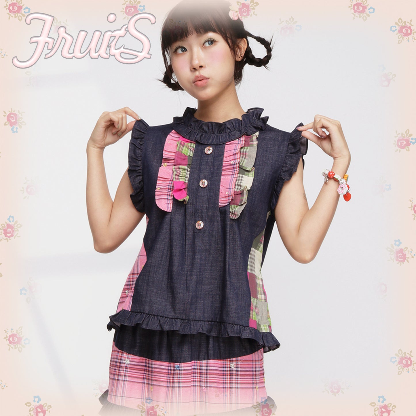 FRUITS - Pink Plaid Denim Vest Set set Fruits Top Only S