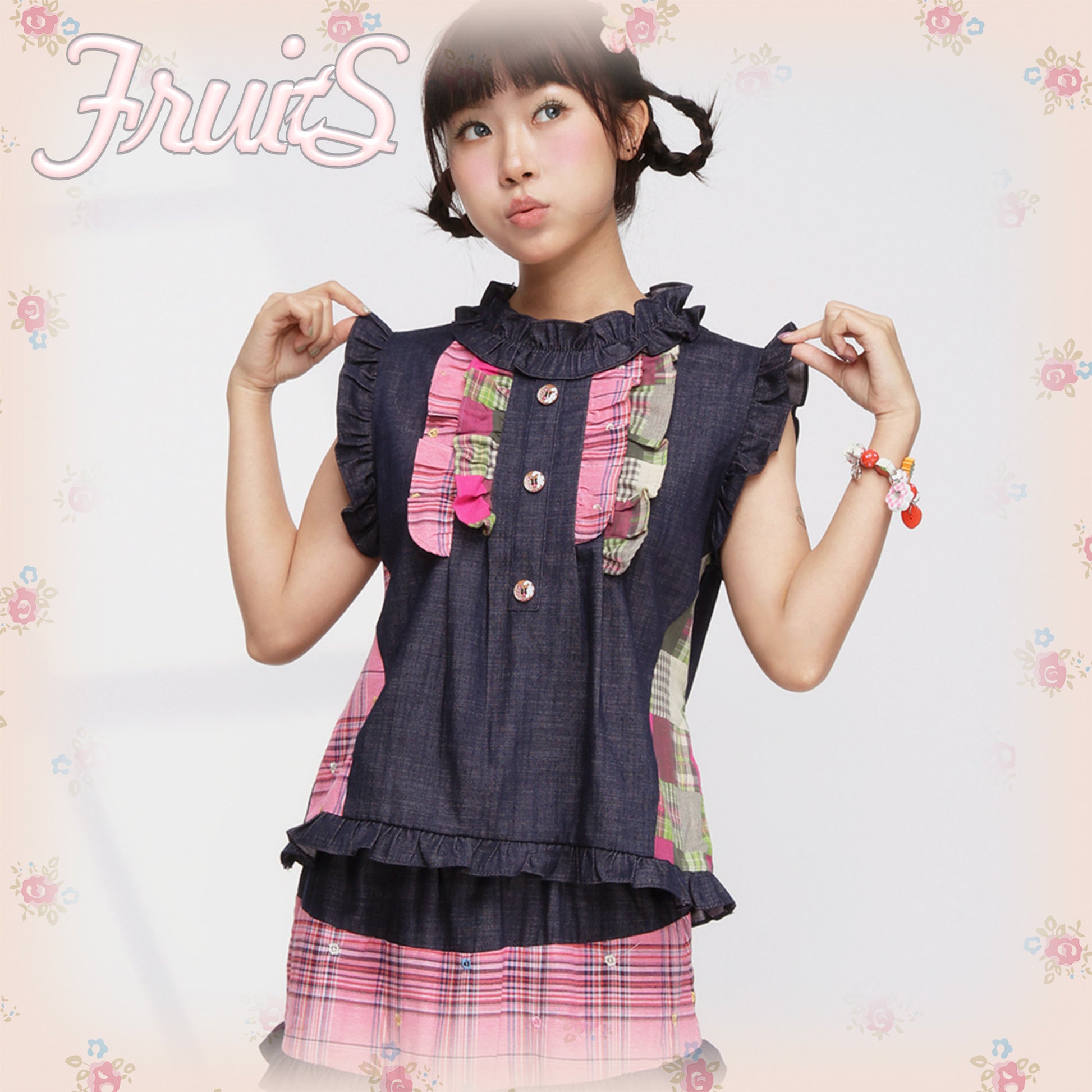 FRUITS - Pink Plaid Denim Vest Set set Fruits Top Only S