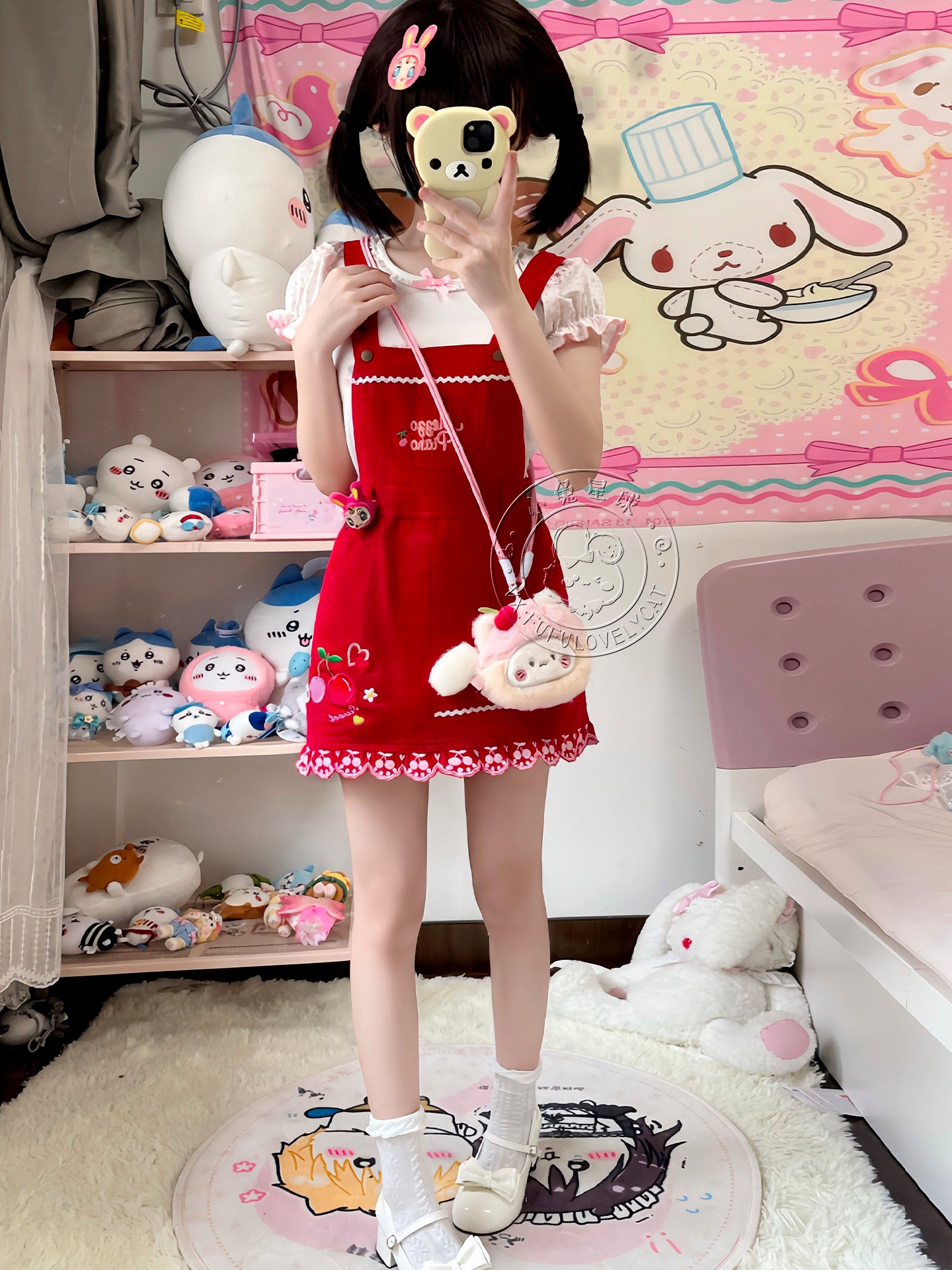 Bunny Planet - Jojifuku Cherry Red Embroidered Pinafore Dress dress bunnyplanet