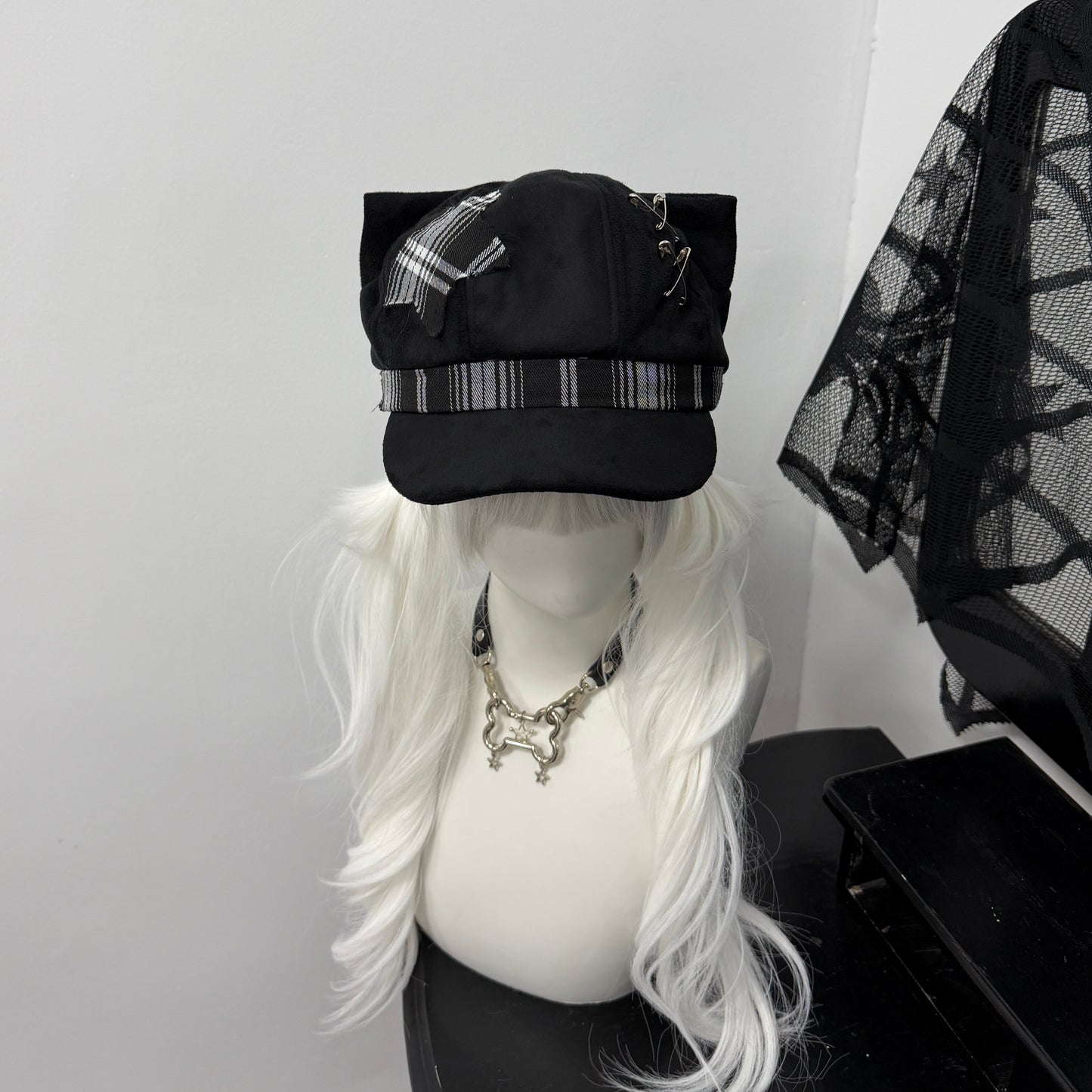 1Gangster Inn - Black Cat Ear Beret Punk Hat hat 1GASTERINN Black And White Hat