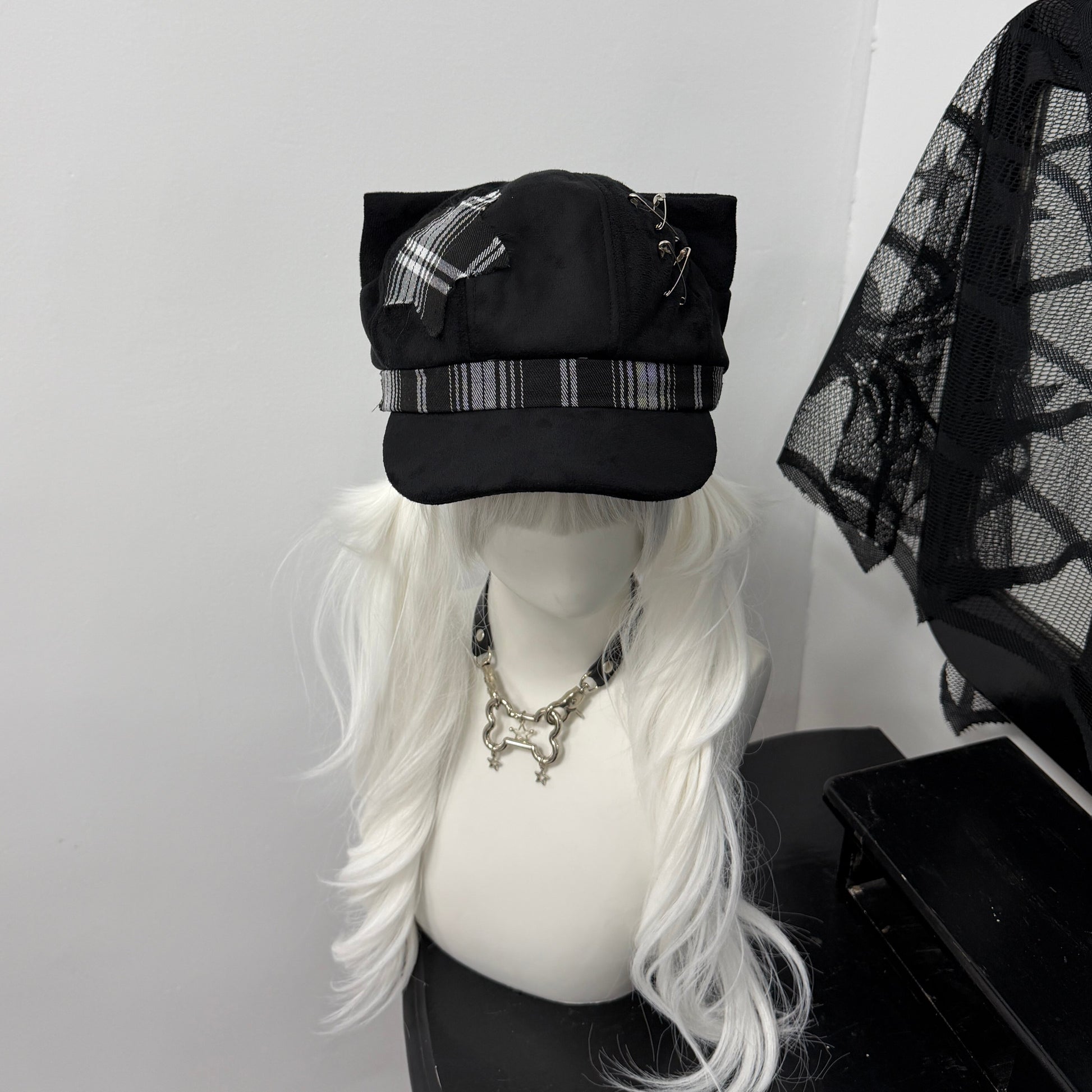 1Gangster Inn - Black Cat Ear Beret Punk Hat hat 1GASTERINN Black And White Hat