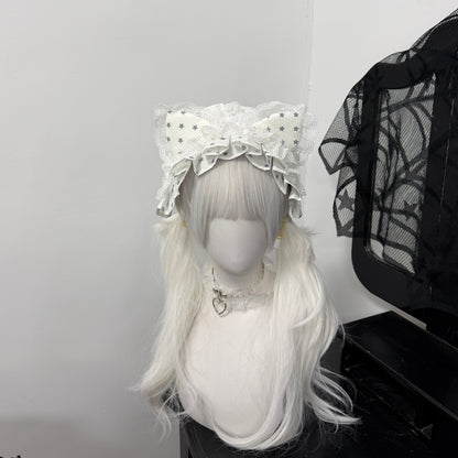 1Gangster Inn - Polka Dot Cat Ear Lace Lolita Headband hairband 1GASTERINN Grey