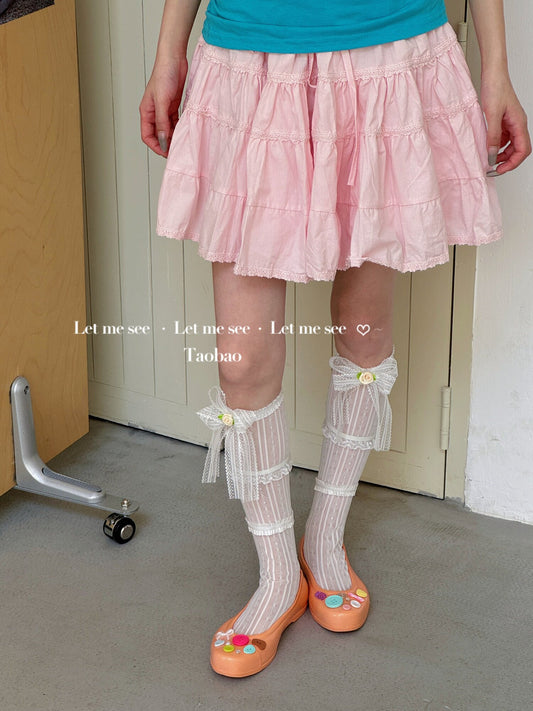 LET ME SEE - Black / White Bow Mesh Leg Warmers socks let me see White