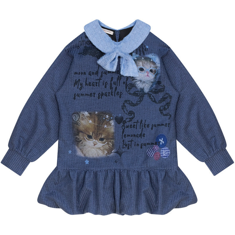 ziziFei - Navy Cat Print Bow Collar Knit Dress dress ziziFei S