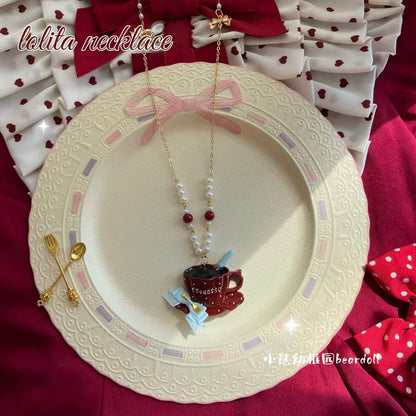 Bear Doll - Burgundy Polka Dot Teapot Necklace
