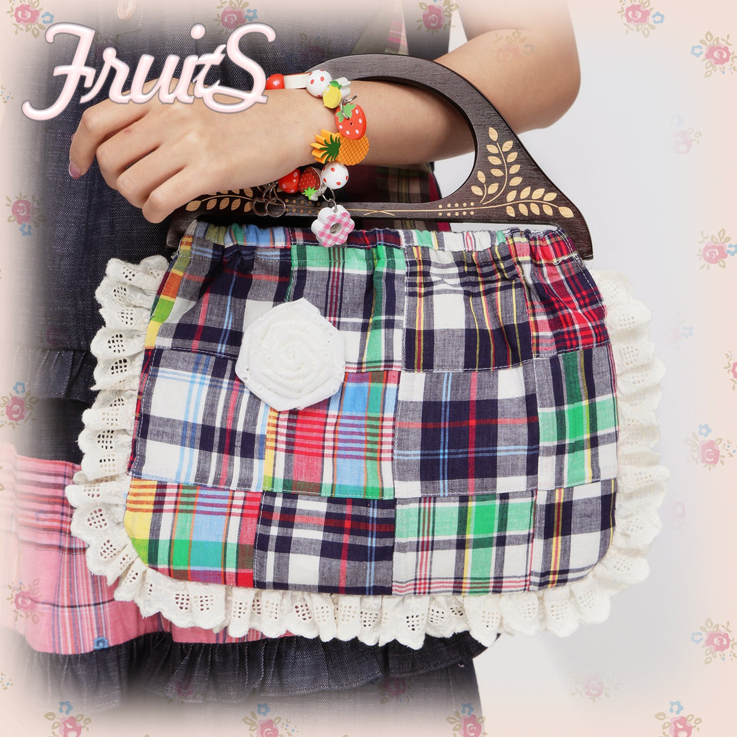 FRUITS - Plaid Patchwork Handbag bag Fruits Blue