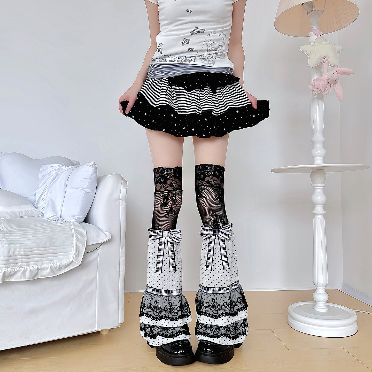Vintage Piano Note Lace Leg Warmers sock left White Leg Warmer with Black Stockings