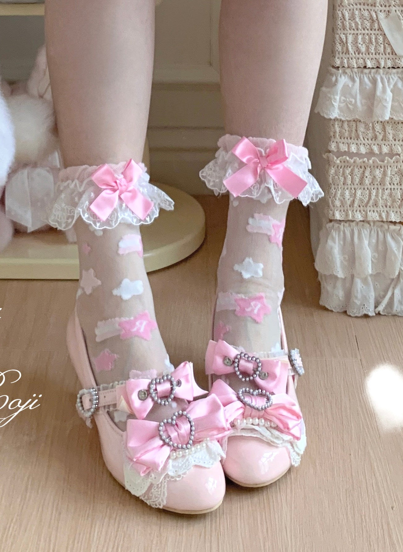 Roji Roji - Twin Star Lolita Sheer Lace Socks socks Roji Roji Pink with Barbie Pink Bow