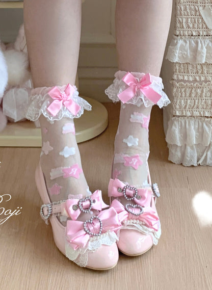 Roji Roji - Twin Star Lolita Sheer Lace Socks socks Roji Roji Pink with Barbie Pink Bow