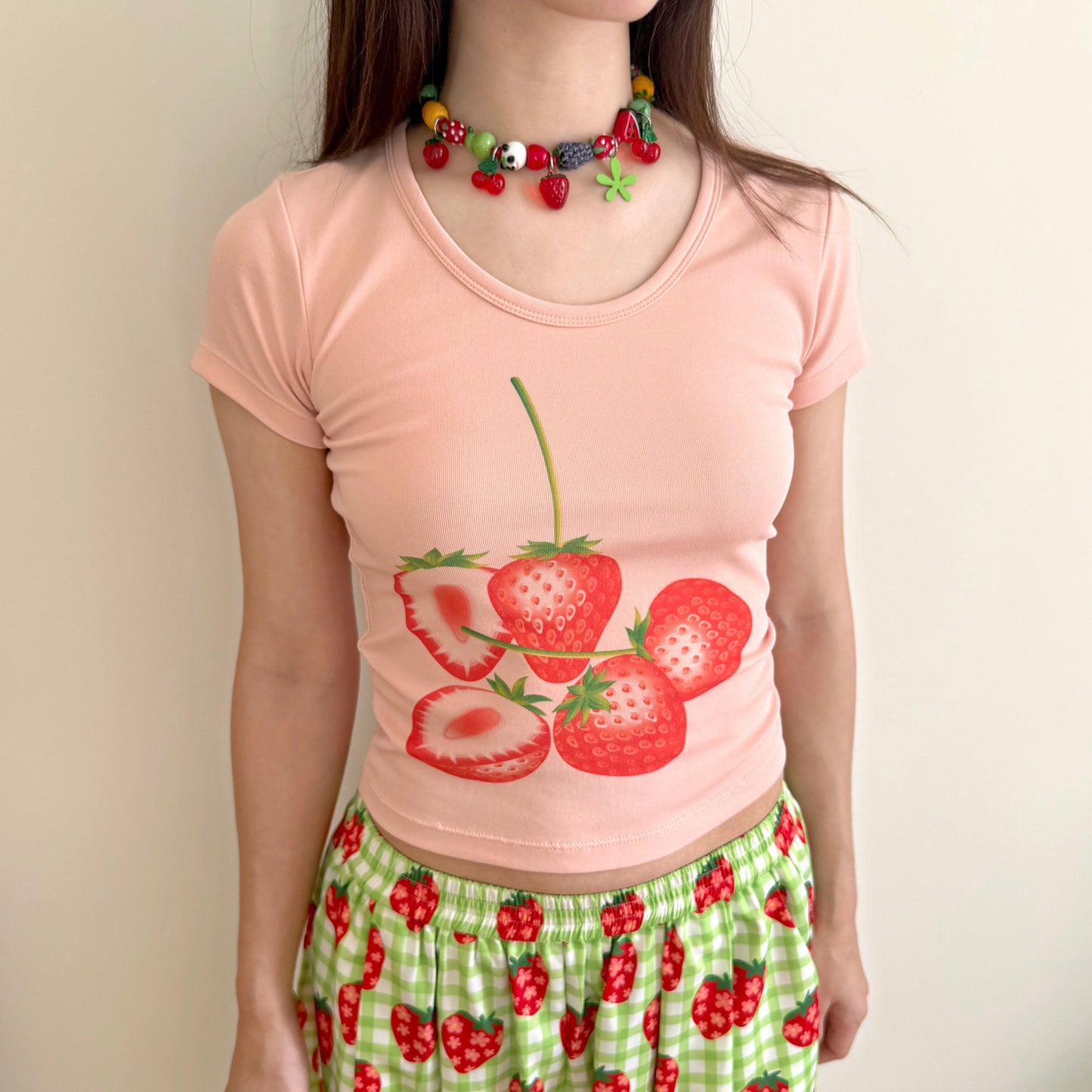 FRUITS - Strawberry Print Fitted T-Shirt | Kawaii Japanese Style Cute Top tshirt Fruits Pink S