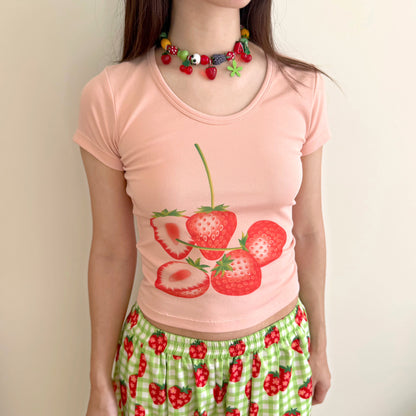 FRUITS - Strawberry Print Fitted T-Shirt | Kawaii Japanese Style Cute Top tshirt Fruits Pink S