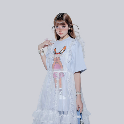 FANLOVEGIRL - Bunny Graphic Layered T-Shirt | Kawaii Harajuku Mesh Overlay Top set FANLOVEGIRL Blue Tee with Apron Dress S