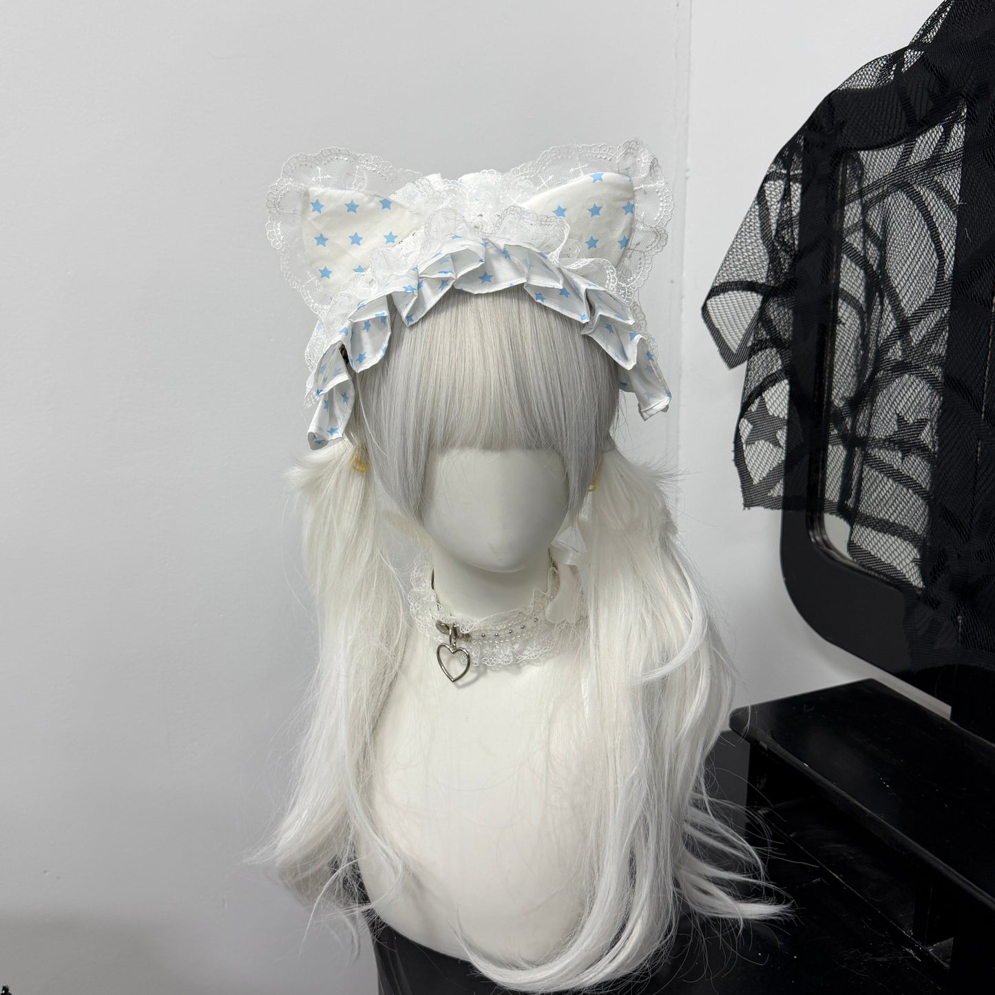 1Gangster Inn - Polka Dot Cat Ear Lace Lolita Headband hairband 1GASTERINN Blue