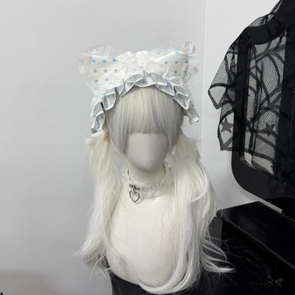1Gangster Inn - Polka Dot Cat Ear Lace Lolita Headband hairband 1GASTERINN Blue