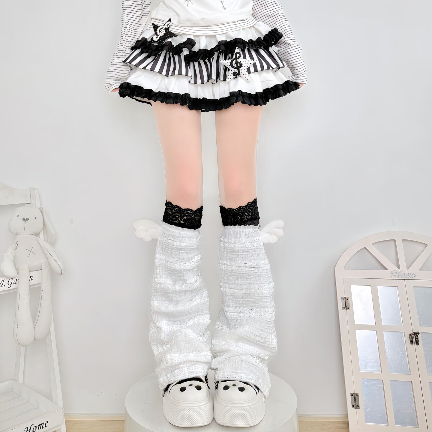 2 Bears - Lace Angel Leg Warmers leg warmmers 2 bears Black Lace Stockings with White Leg Warmers