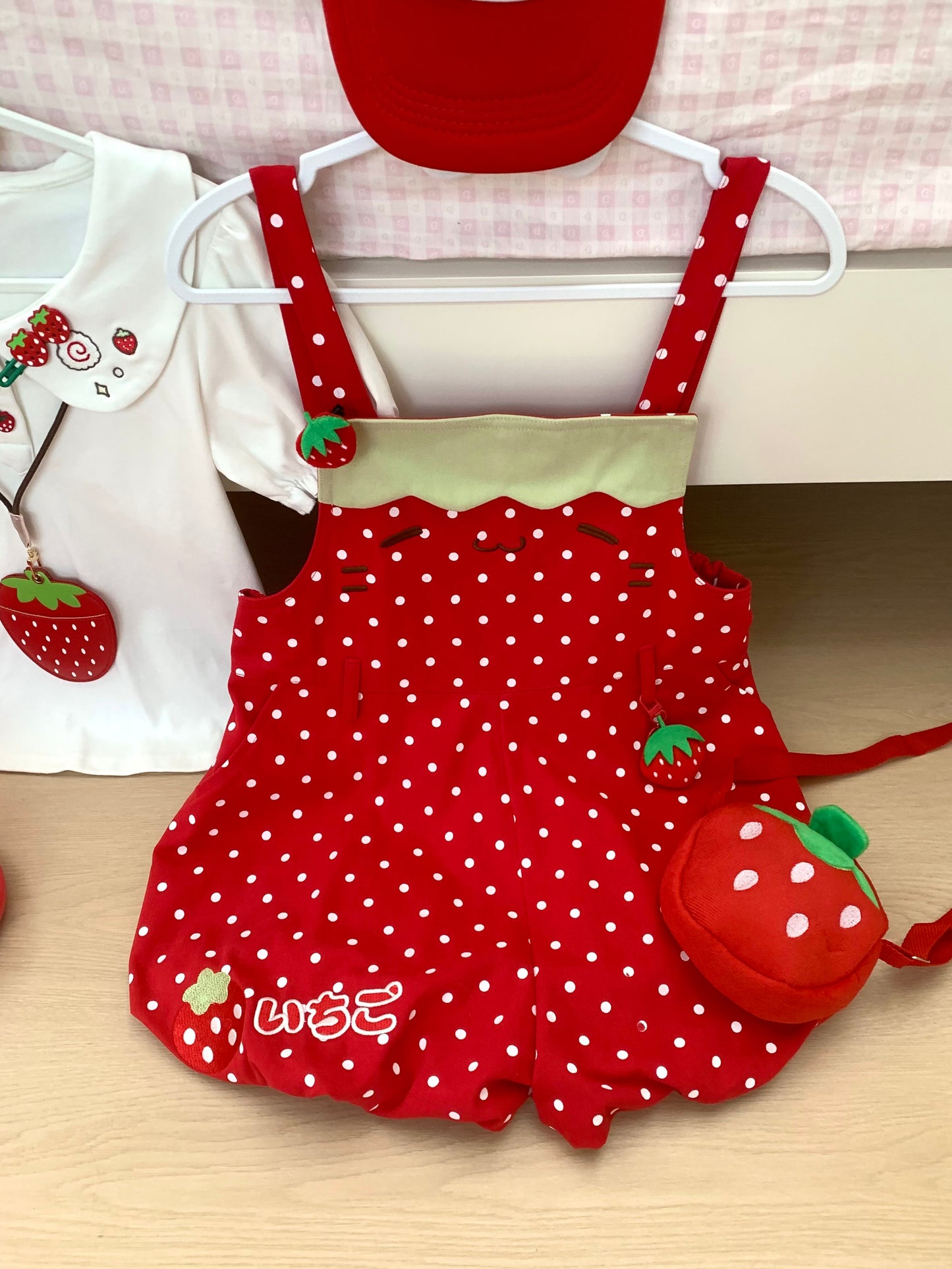 Blurred Bear - Strawberry Doll Collar Overalls Set set Blurred Bear Red Overalls S