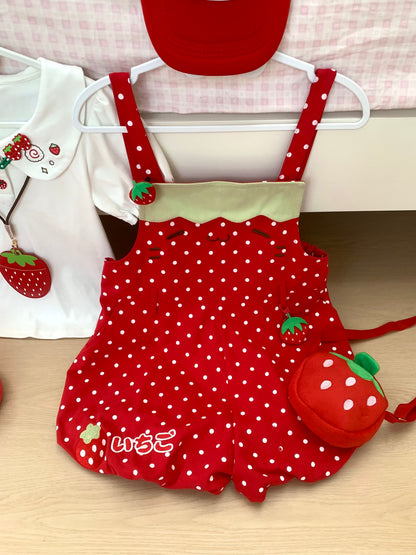 Blurred Bear - Strawberry Doll Collar Overalls Set set Blurred Bear Red Overalls S