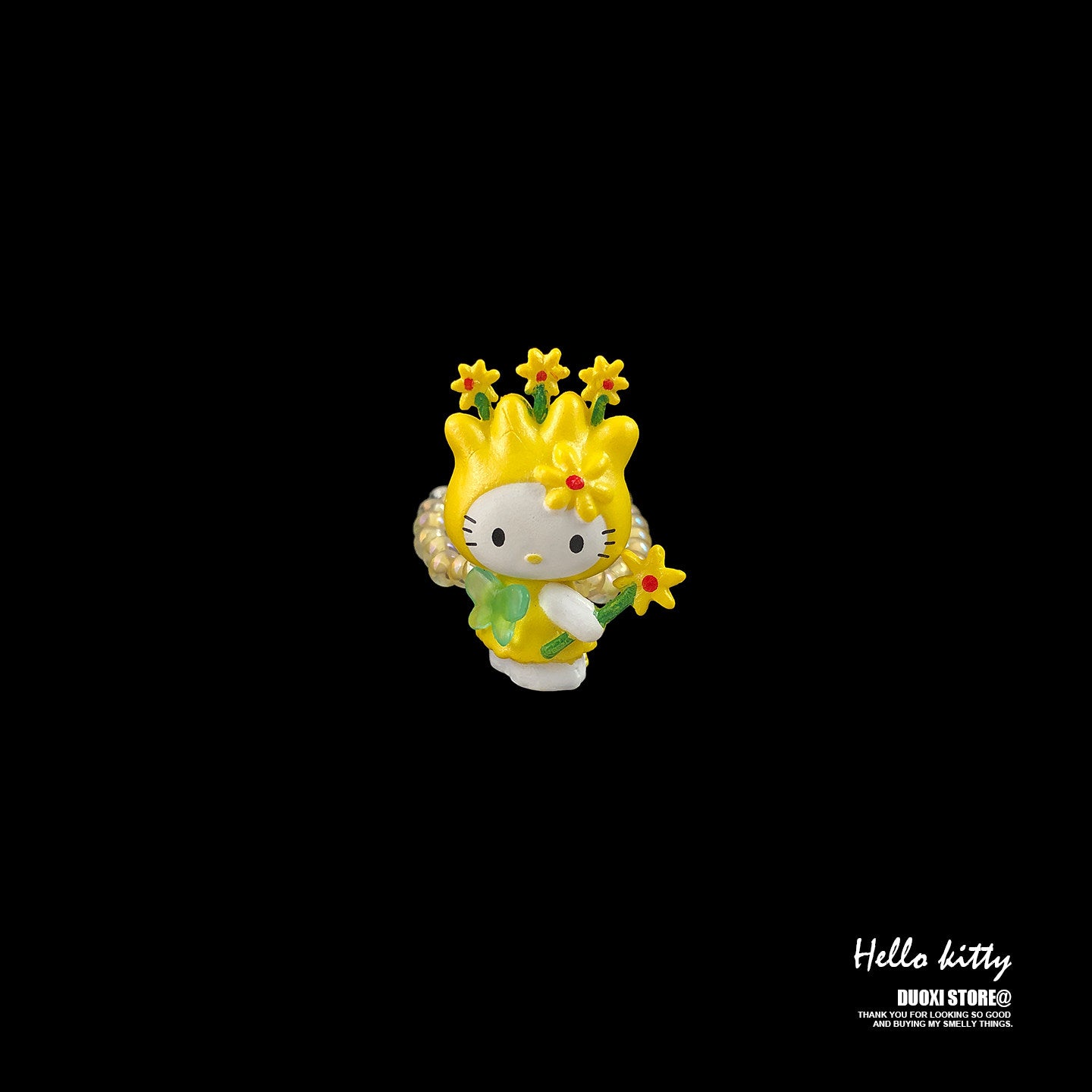 Duoxi - Colorful Kawaii Cat Flower Statement Ring ring DuoXi Yellow Flower Kitty