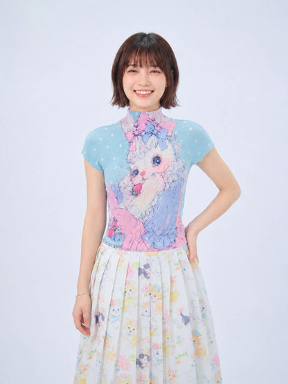 MeowMeow Bug - Cat Print Pleated Tee shirt MeowMeow Bug Strawberry Little Rabbit