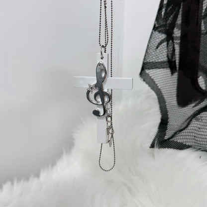 1Gangster Inn - Vintage Cross Music Note Punk Necklace necklace 1GASTERINN White