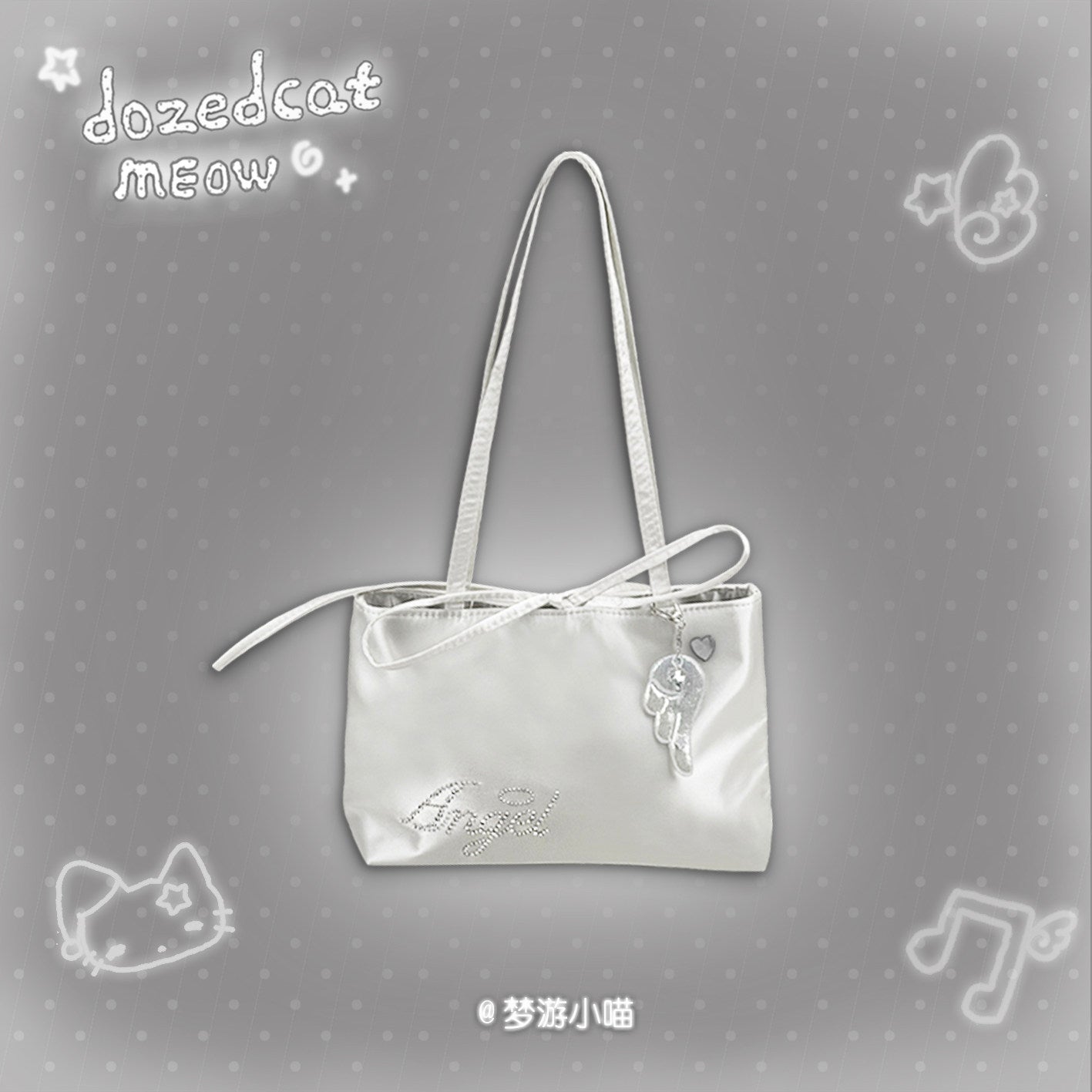 Angel Rhinestone Satin Shoulder Bag | Y2K Kawaii Sparkly Handbag bag Sleepwalking Cat White