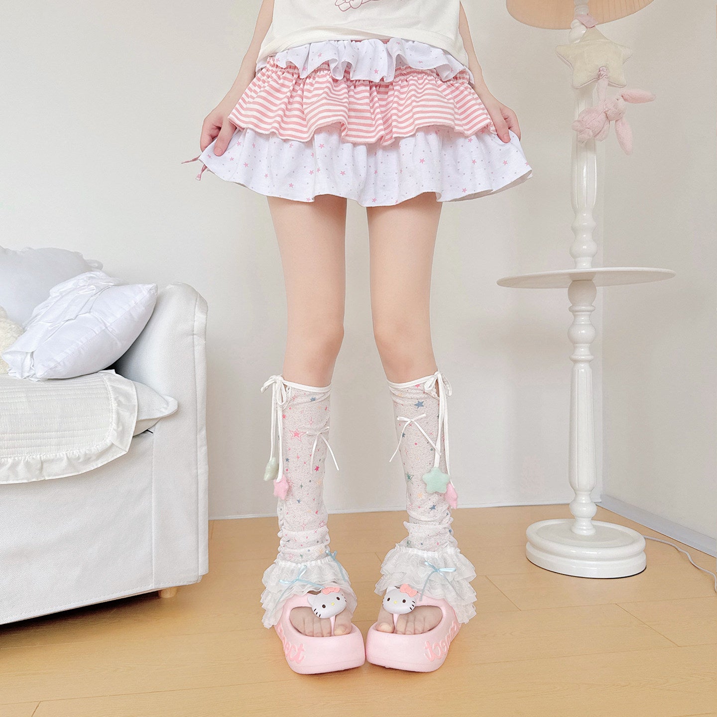 Dopamine Star Print Bow Leg Warmers leg warmmers left Pink Green Star Leg Warmers