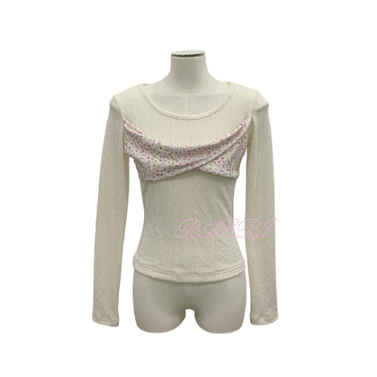 bae bi - Floral Patchwork Slim Fit Long Sleeve Top tshirt Bae Bi White 1