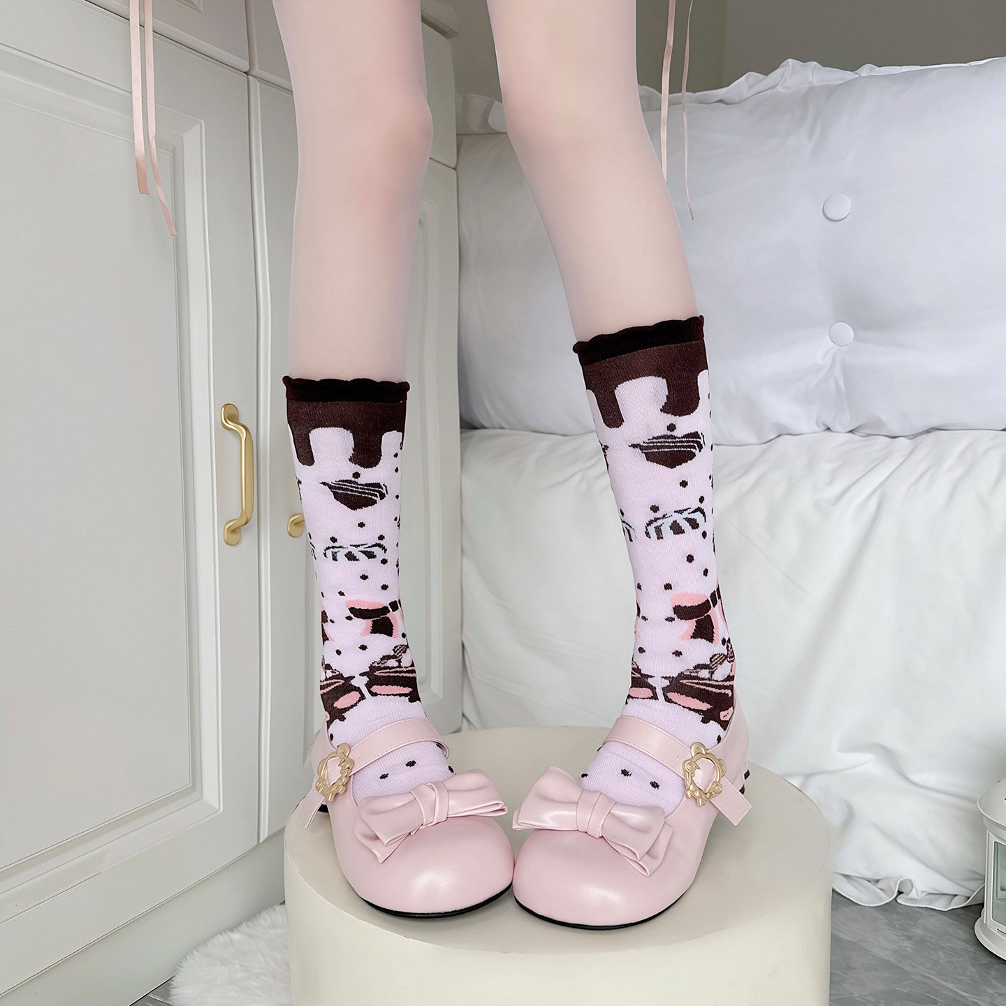 Pink Brown Strawberry Cake Heart Bow Socks