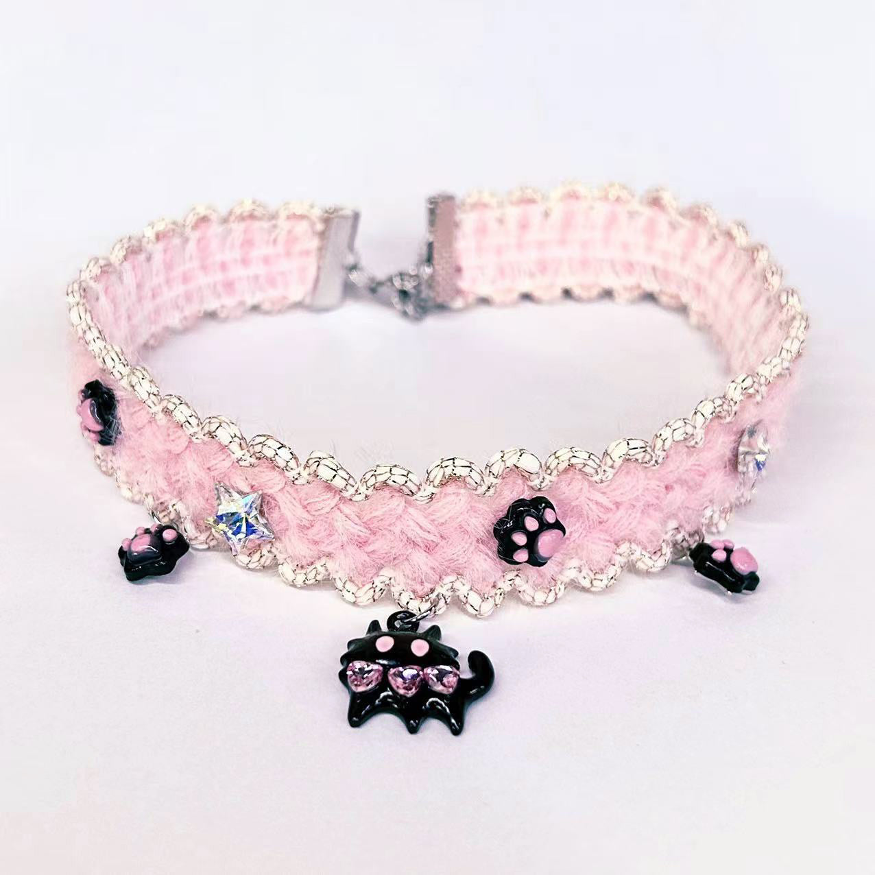 Kiwi Store - Y2K Black Cat PinkFuzzy Choker & Bracelet necklace kiwi store Necklace