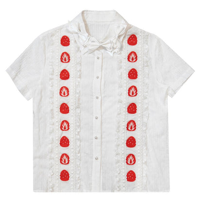 Daytoday Everyday Institute - Strawberry Plaid Bow Shirt shirt daytoday everyday institute White S